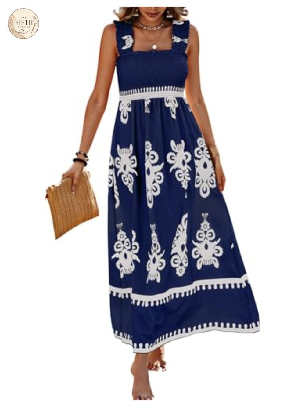 Sleeveless Boho Floral Maxi Dress with Pockets Crochet Smocked Square Neck